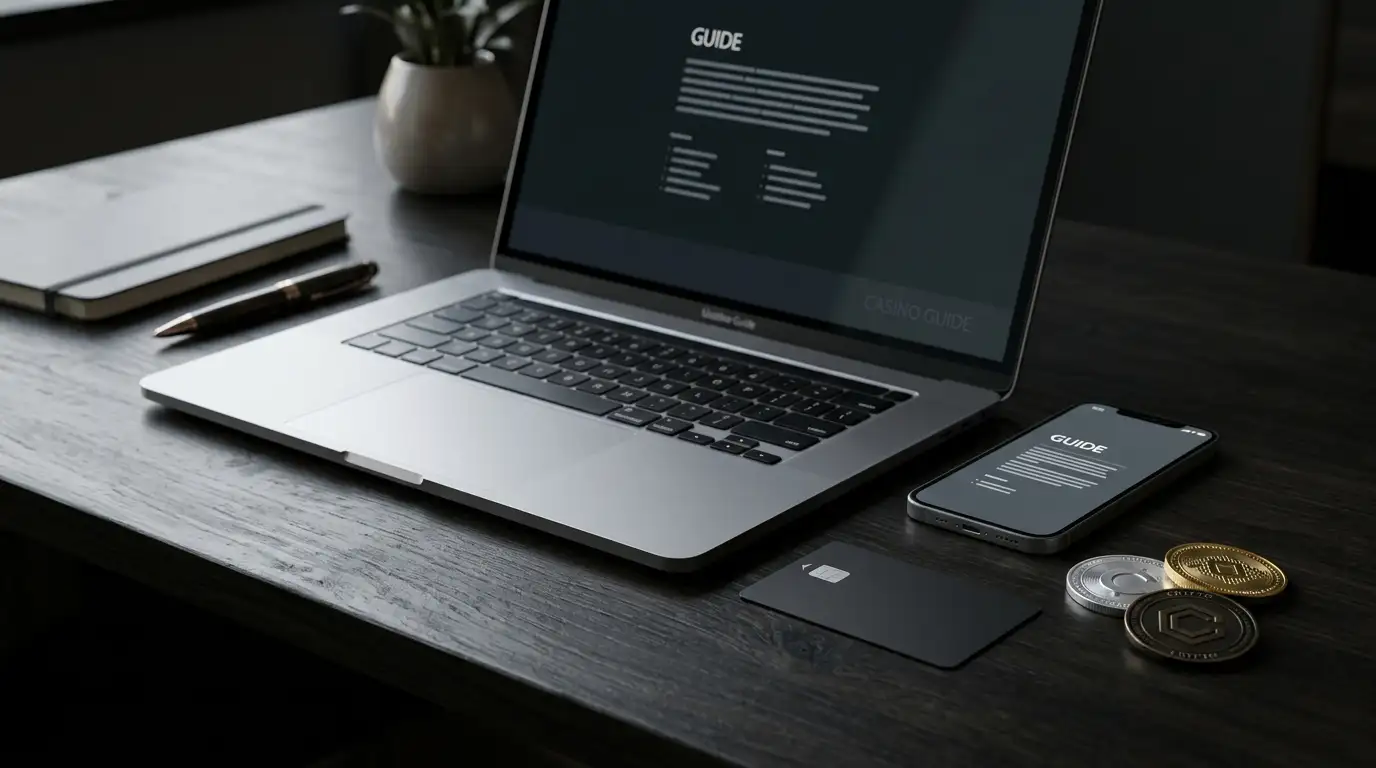 Laptop, smartphone, bank card and abstract cryptocurrency tokens on a dark desk