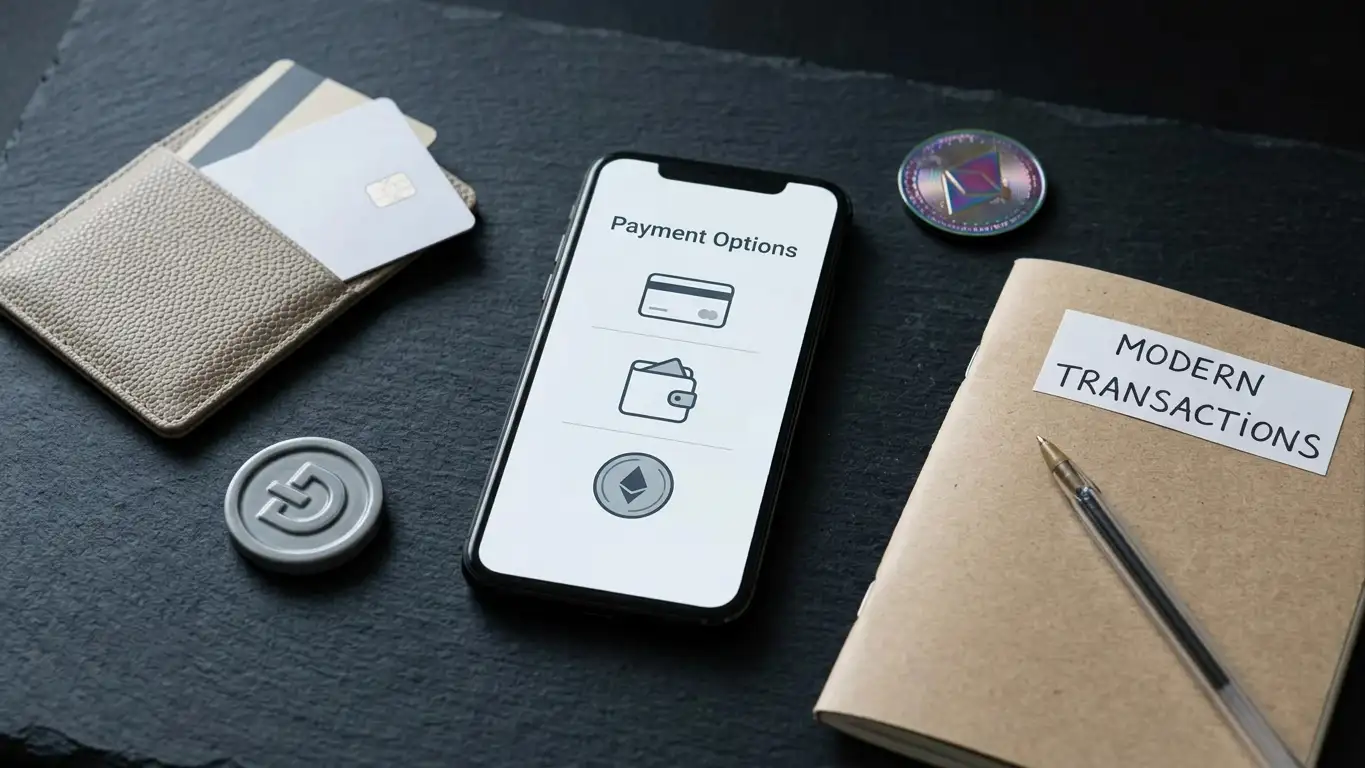 Phone, bank card, wallet icon tiles and abstract cryptocurrency tokens beside a notebook