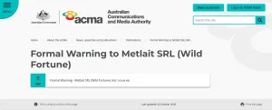 ACMA formal warning page concerning Metlait SRL and Wild Fortune