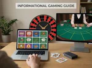 A laptop with a generic casino game grid beside playing cards and a live table screen