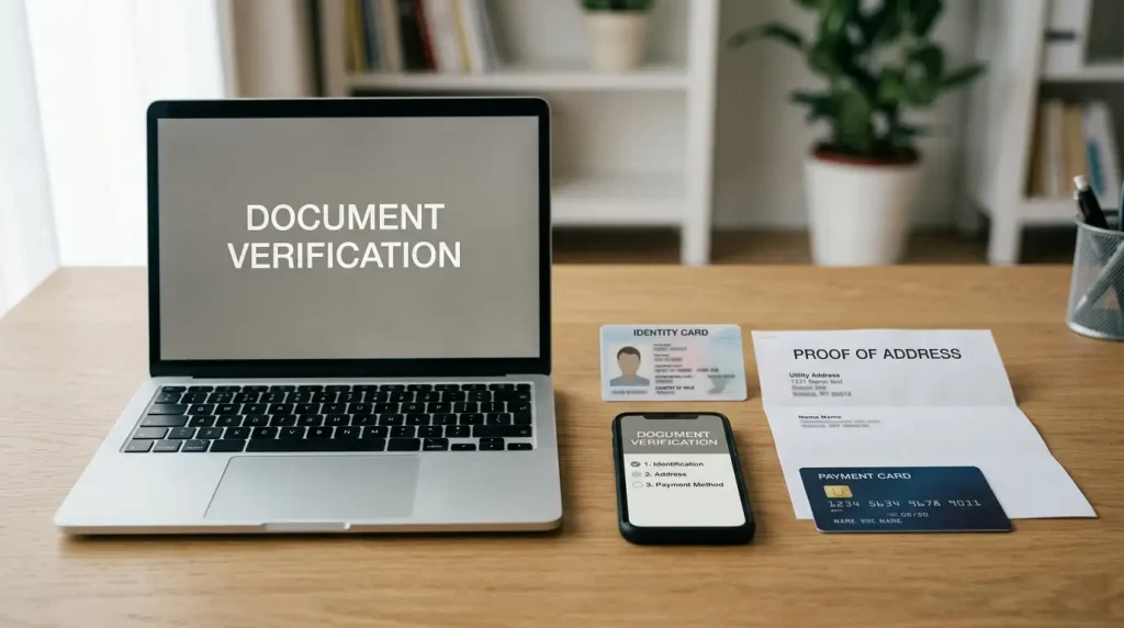 A laptop and phone beside an identity card, address document and payment card on a desk