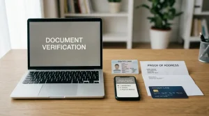 A laptop and phone beside an identity card, address document and payment card on a desk
