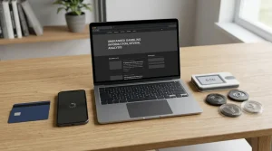 A bank card, phone, laptop and generic digital payment symbols arranged on a desk