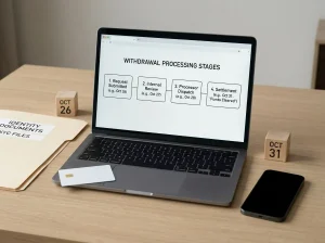 A withdrawal timeline beside a bank card, phone and identity documents on a desk